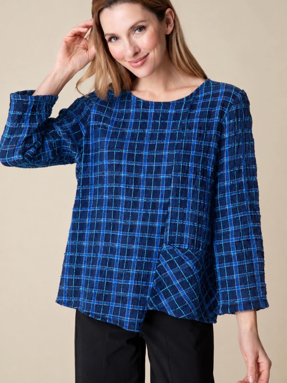 Habitat Dark Blue Checkered Double Gauze Cotton Window Pane Mixed Pullover Top